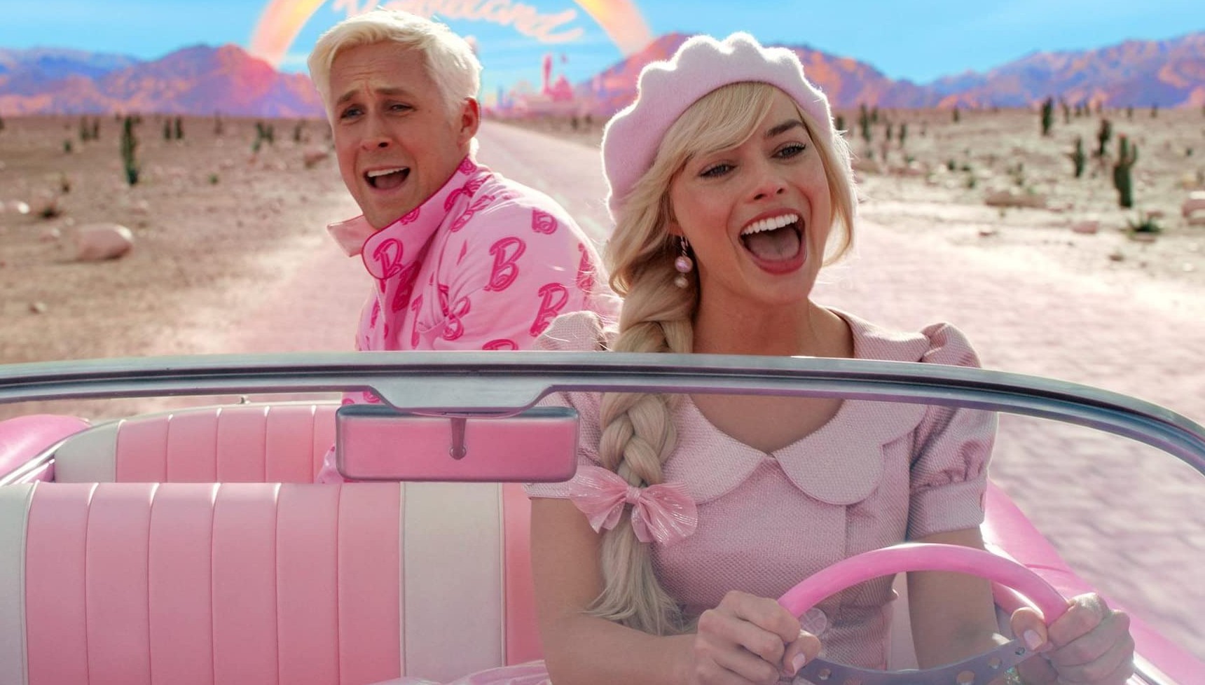Margot Robbie and Ryan Gosling singing in Barbie