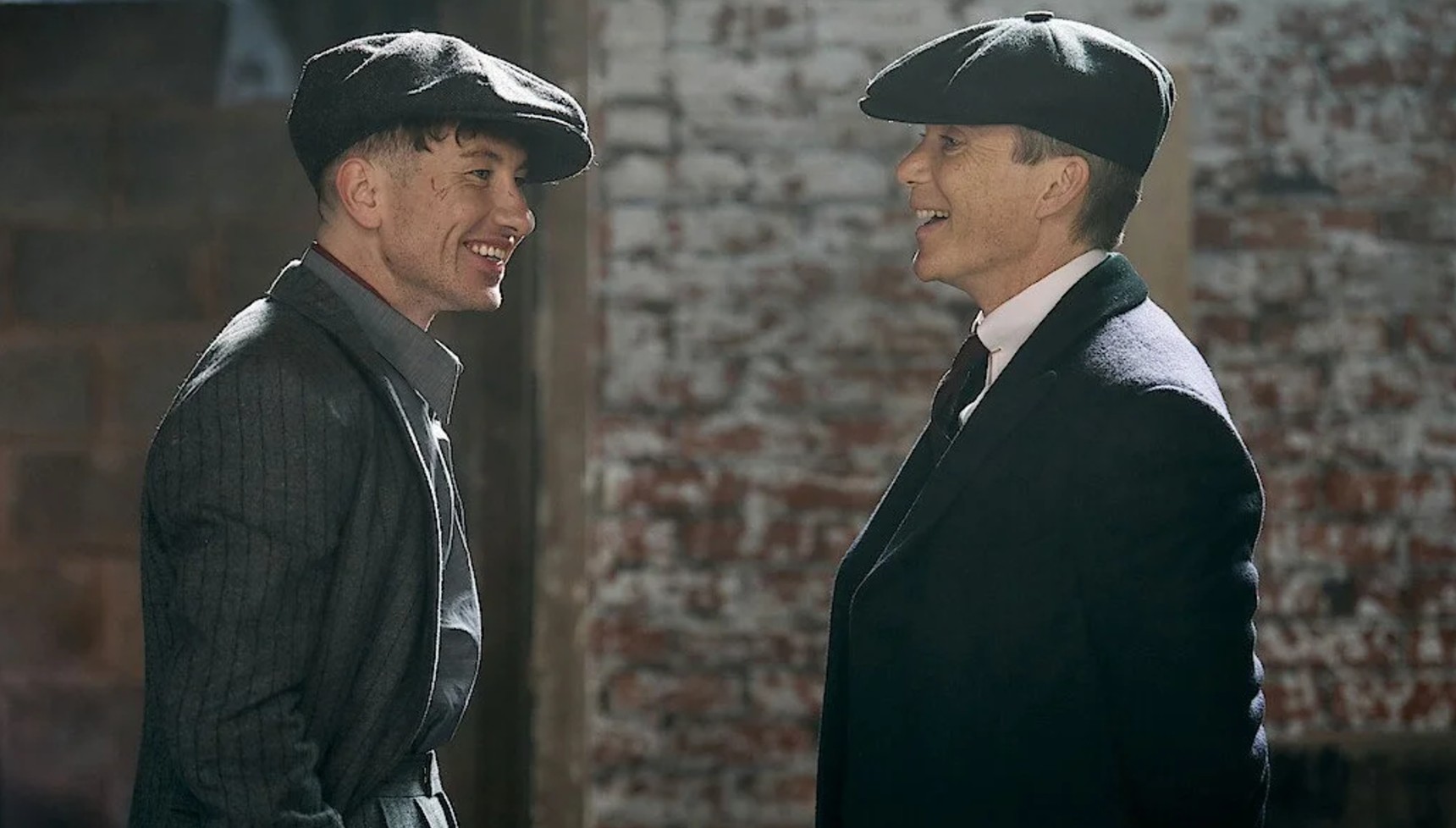 Barry Keoghan and Cillian Murphy laughing on the set of Peaky Blinders: The Immortal Man