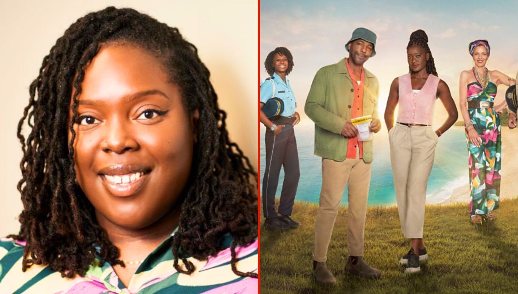 Danielle Scott-Haughton and the cast of Death in Paradise in separate images