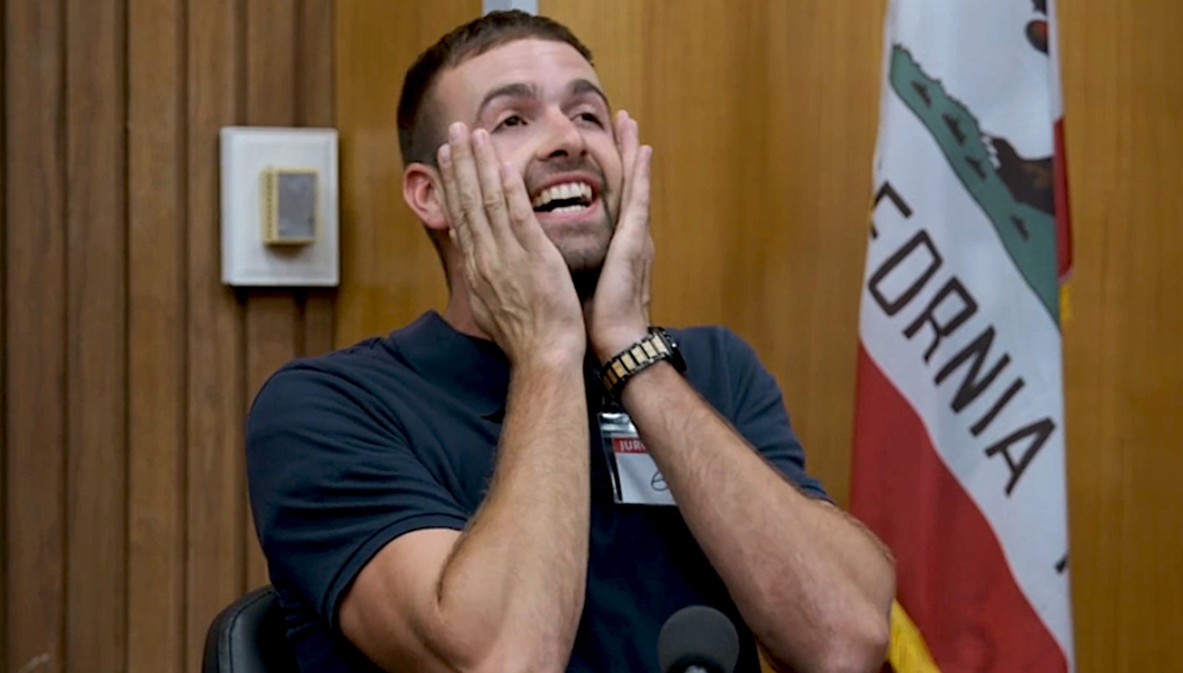 Ronald Gladden looking shocked in Jury Duty 
