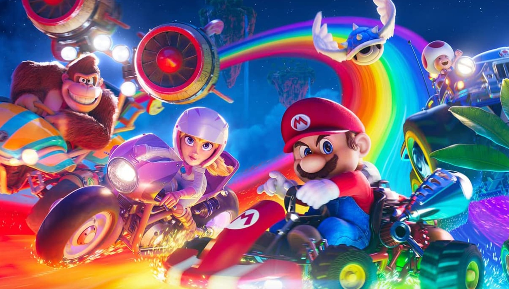 Donkey Kong, Princess Peach, Mario, and captain Toad driving in the Mario movie