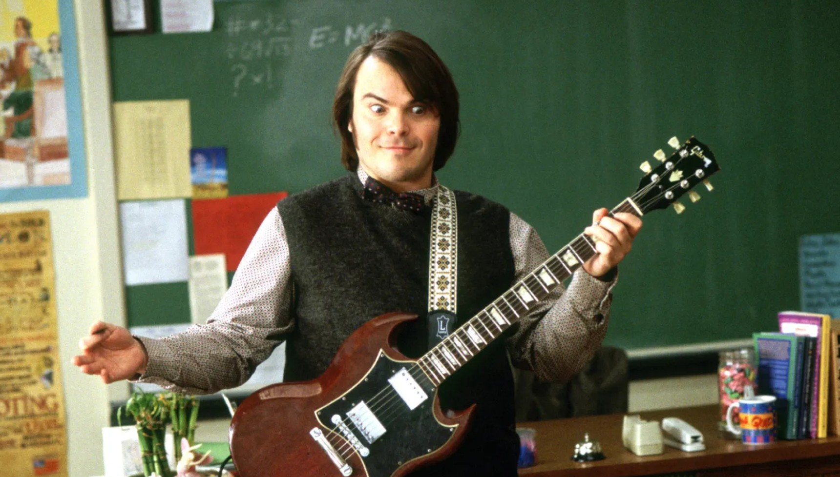 Jack Black playing guitar in School of Rock