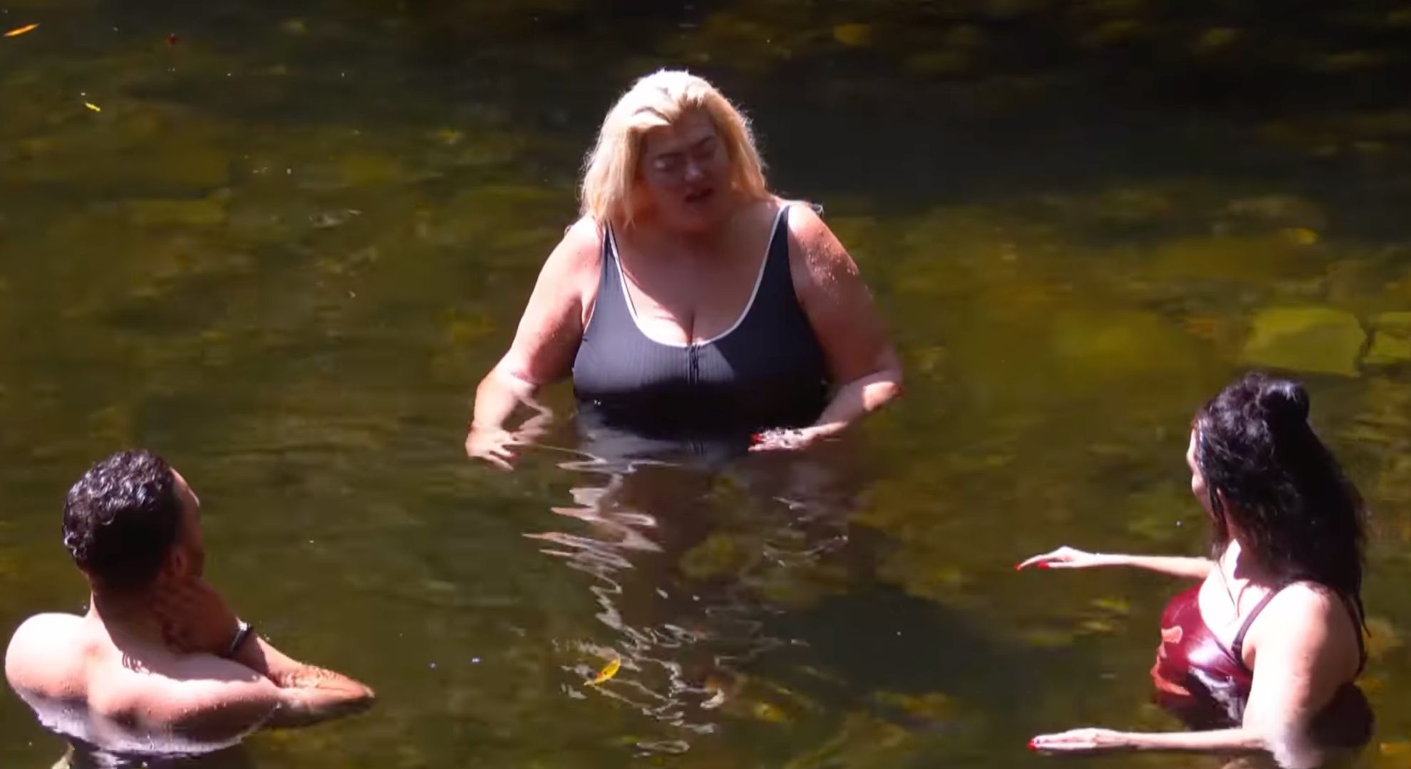 Gemma Collins, Adam Thomas, and Scarlett Moffatt bathing on I'm A Celebrity
