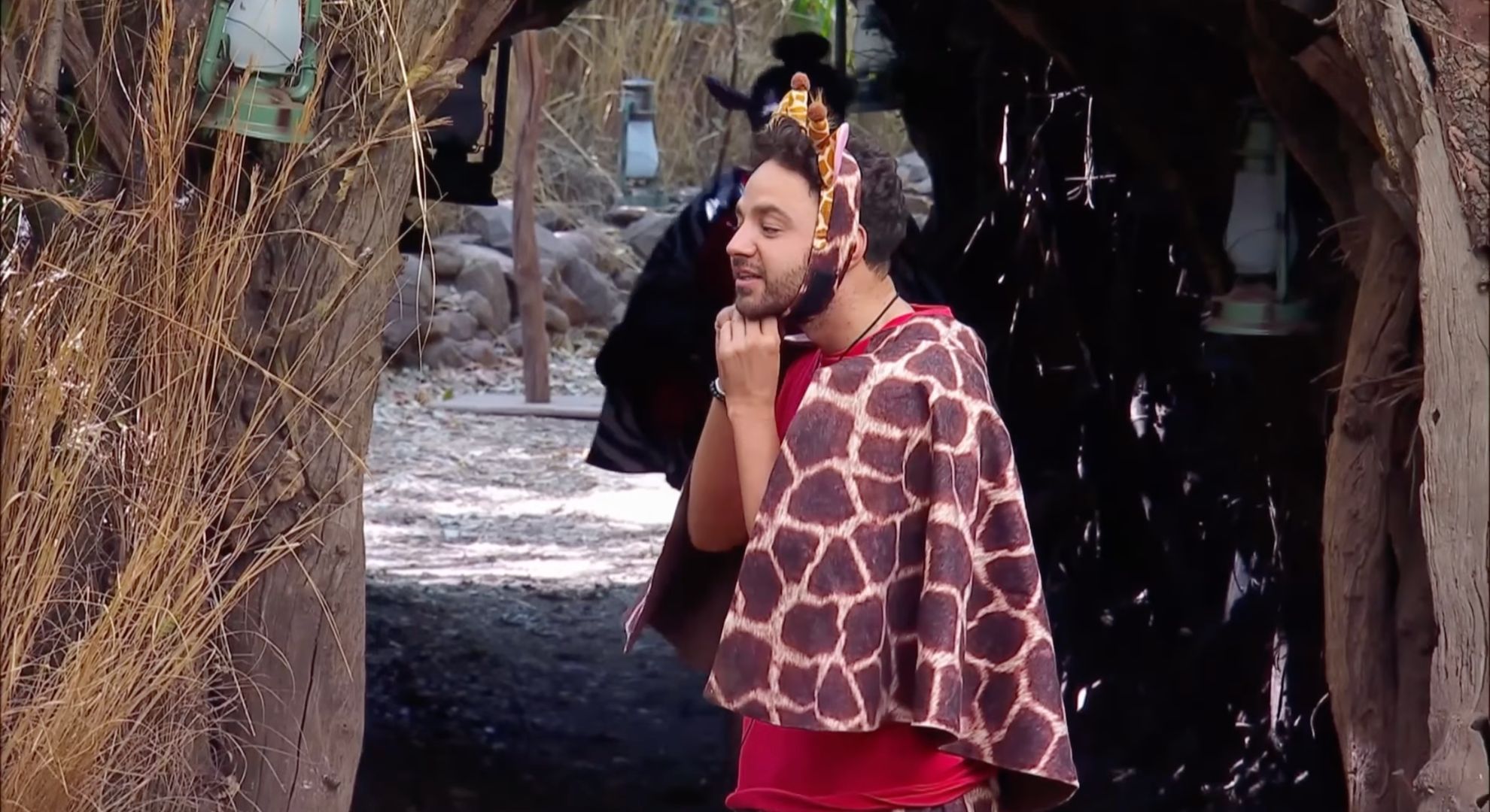 Adam Thomas as a giraffe on I'm A Celebrity 