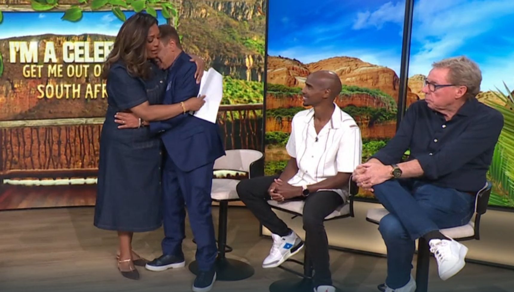 Alison Hammond hugging Craig Charles as Mo Farah and Harry Redknapp watch on This Morning 