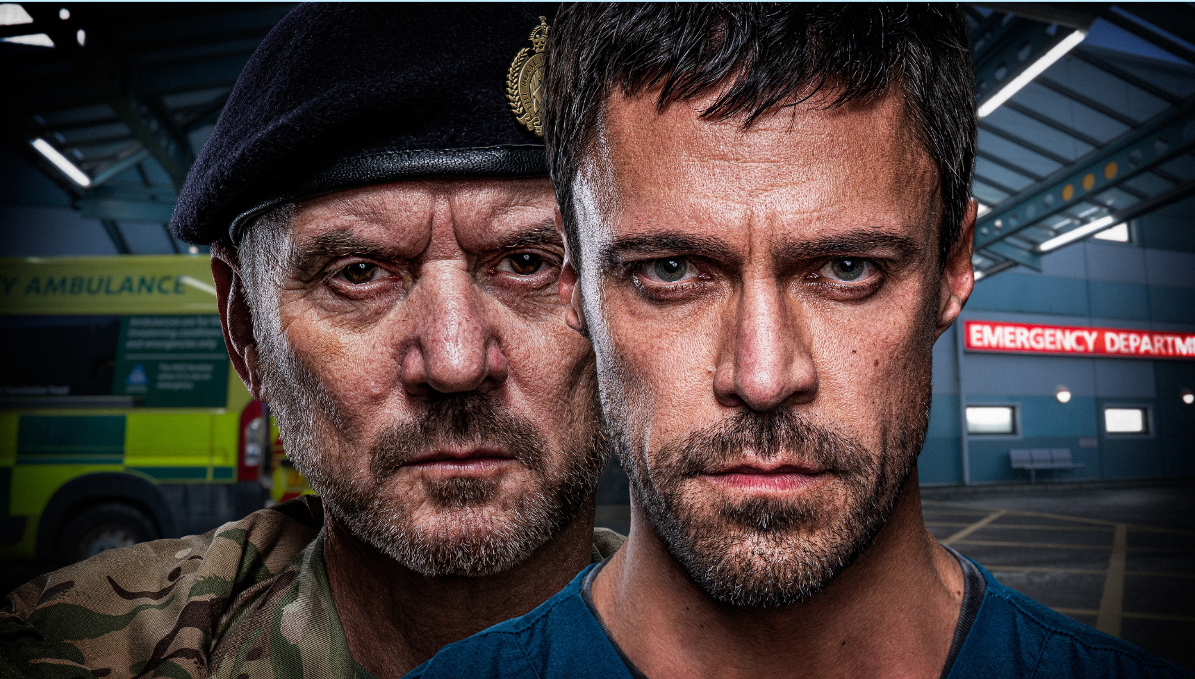 Mark Womack and Ollie Rix in promo shot for Casualty episode Lethal Legacy
