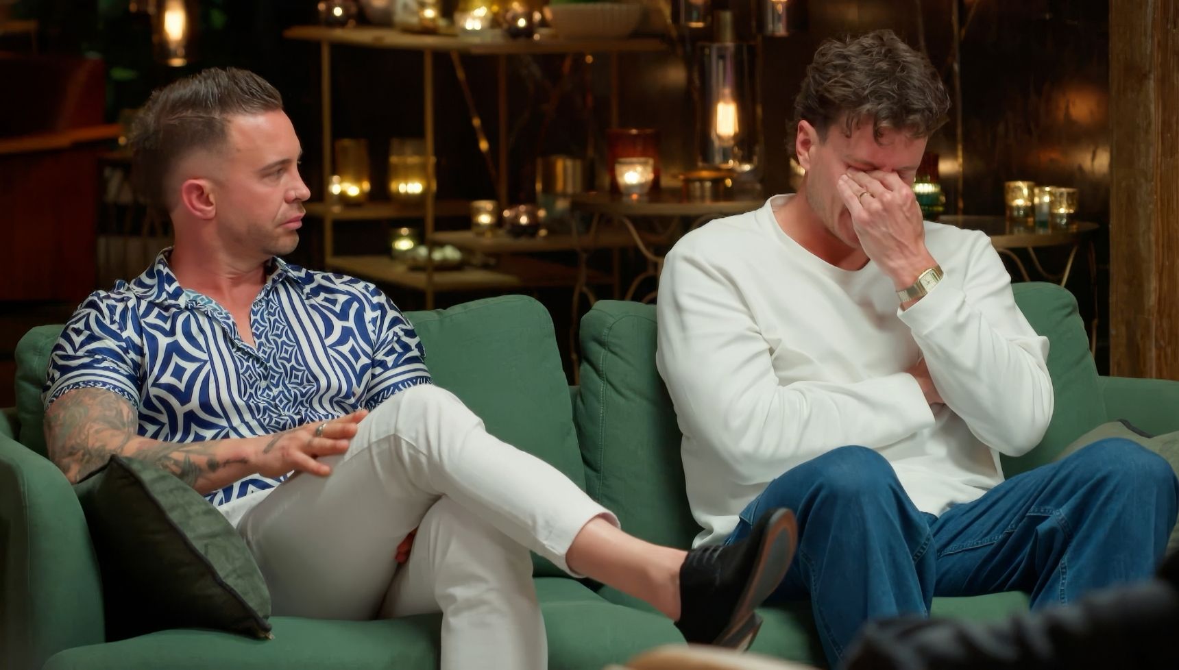 Chris and Sam speak on the commitment ceremony sofa 