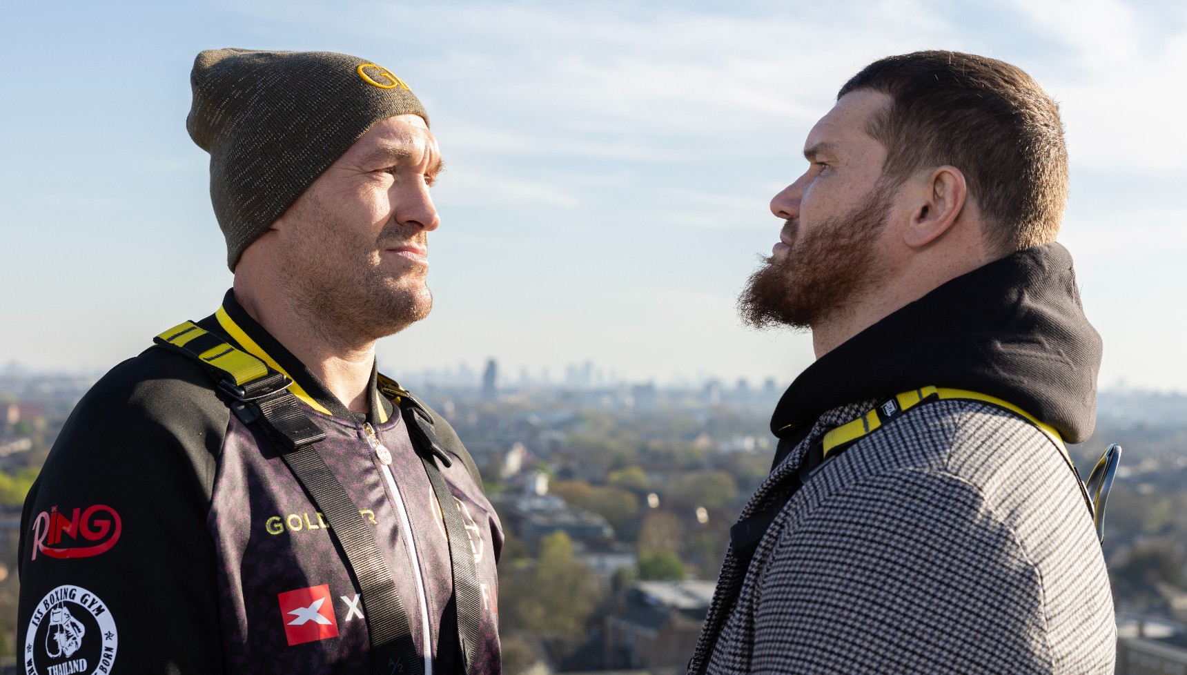 Tyson Fury staring off against Arslan Makhmudov before their fight