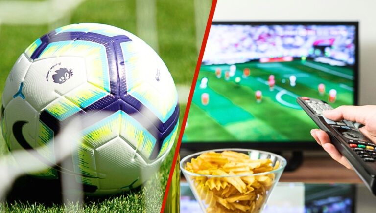 A Premier League football and someone watching football on TV