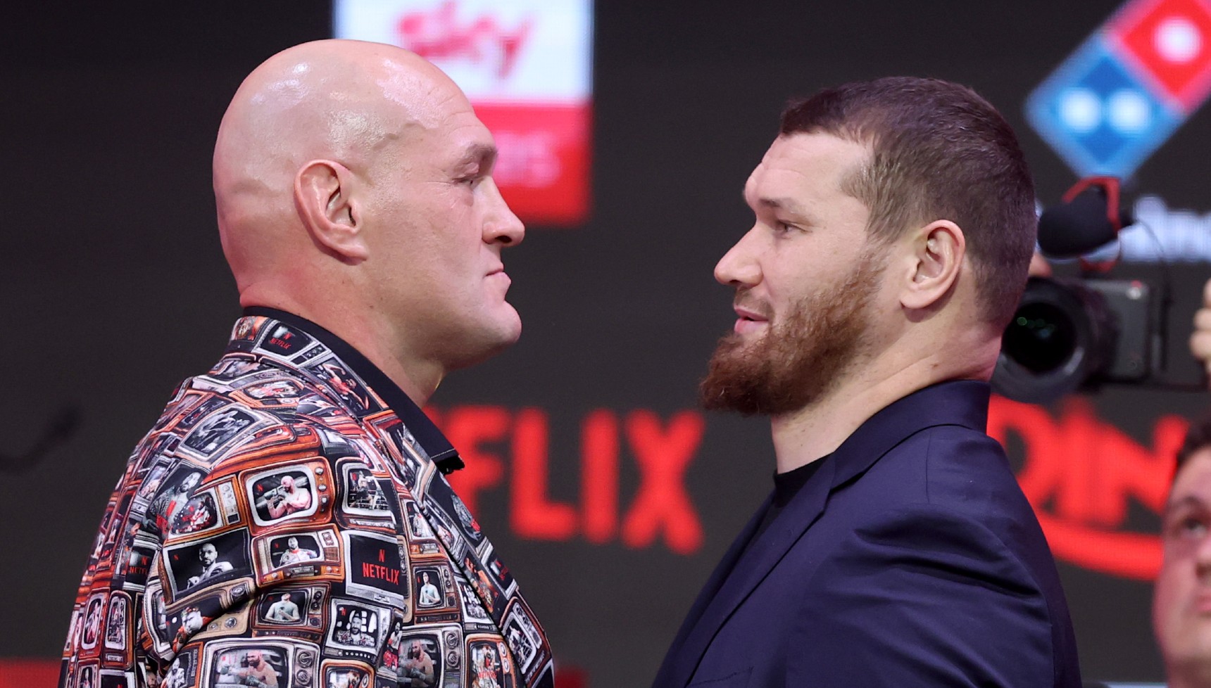 Tyson Fury staring off against Arslan Makhmudov before their fight