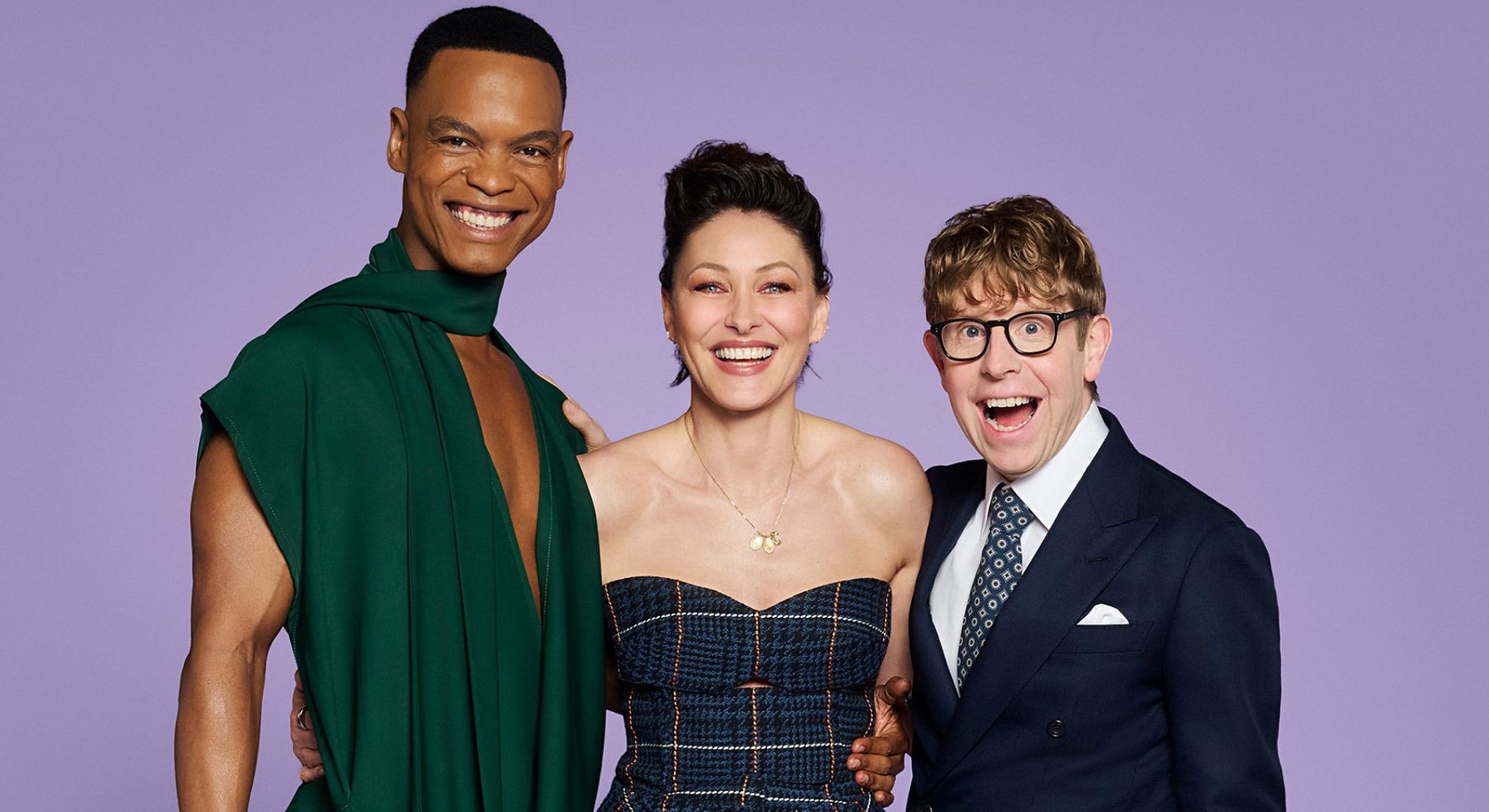 Johannes Radabe, Emma Willis and Josh Widdicombe smiling