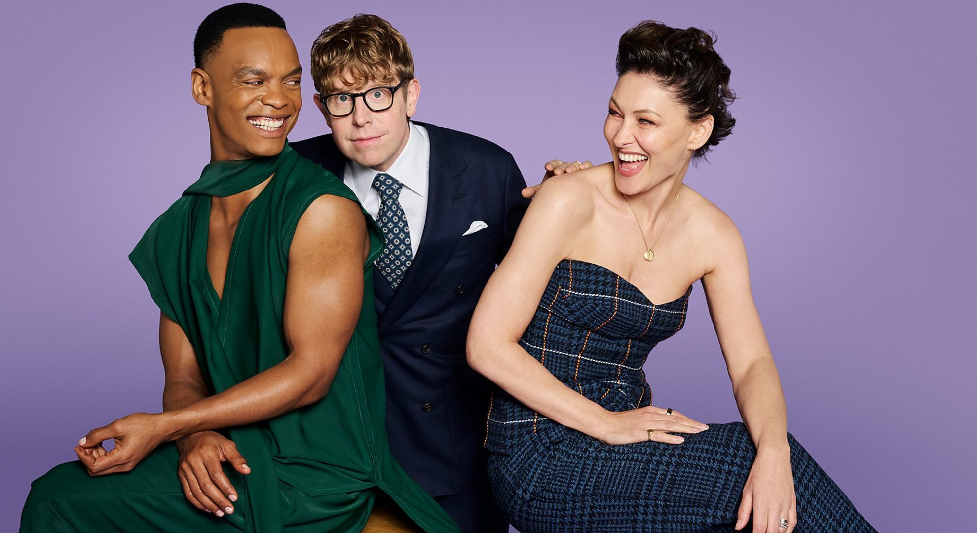 Johannes Radabe, Emma Willis and Josh Widdicombe smiling