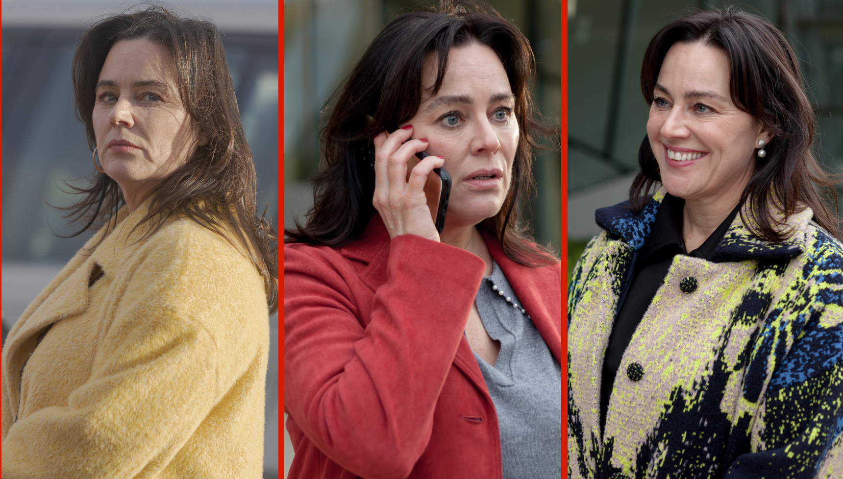 Jill Halfpenny and her amazing technicoloured coats as Lucy Logan in Number One Fan: Where can you buy them?