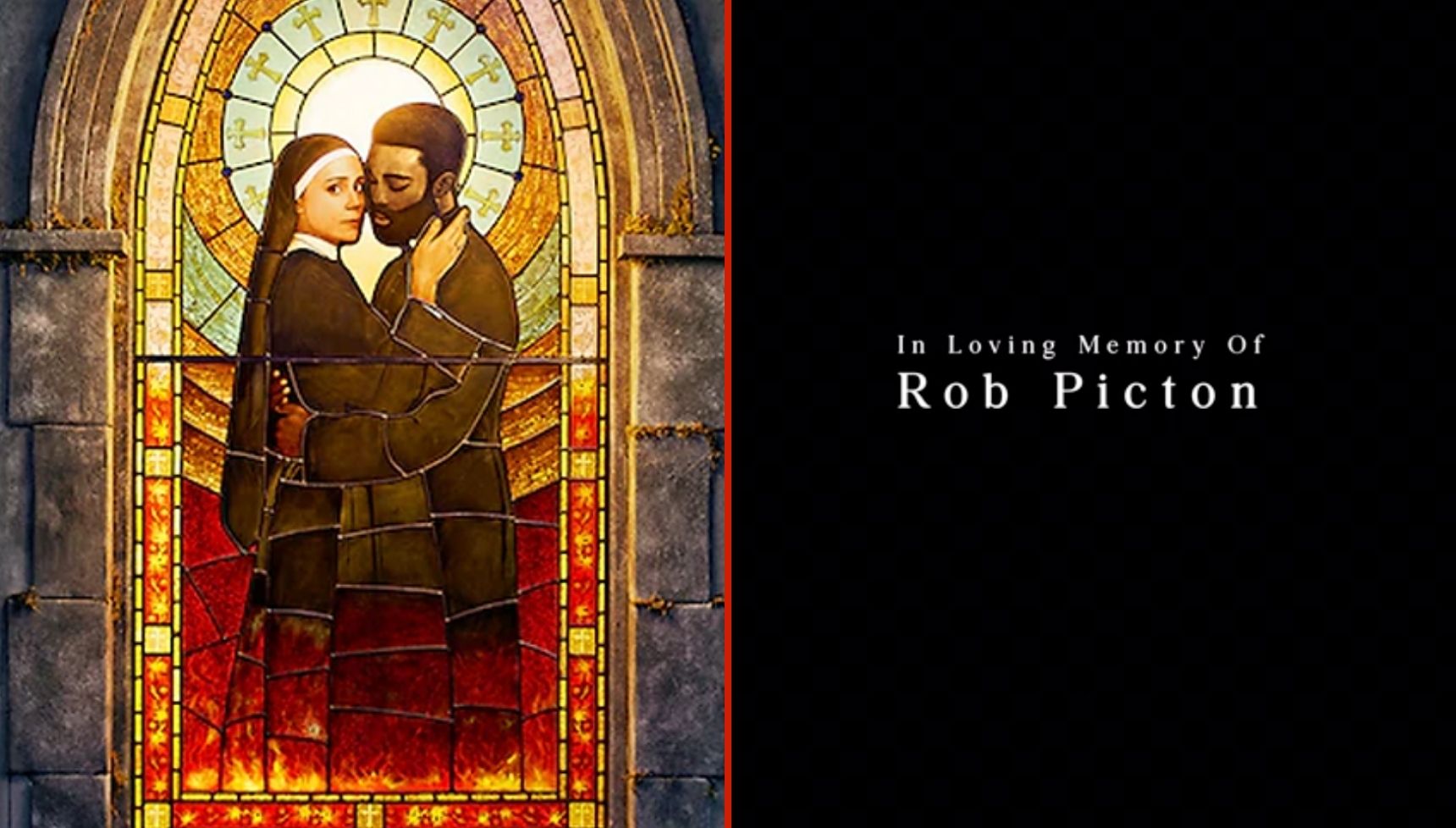 A stained glass window of Keeley Hawes and Paapa Essiedu and text with Rob Picton's tribute