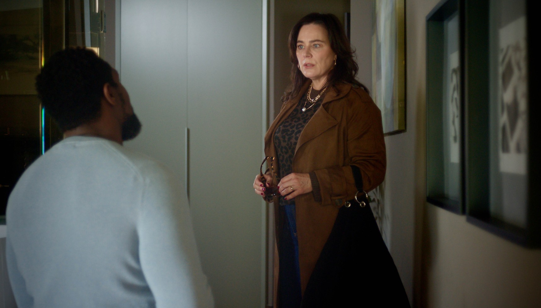 Jill Halfpenny in brown coat in Number One Fan
