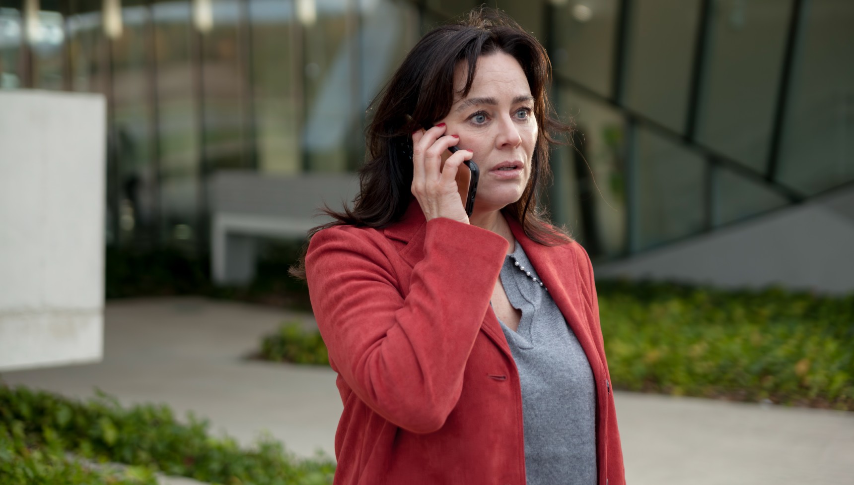 Jill Halfpenny in red coat in Number One Fan