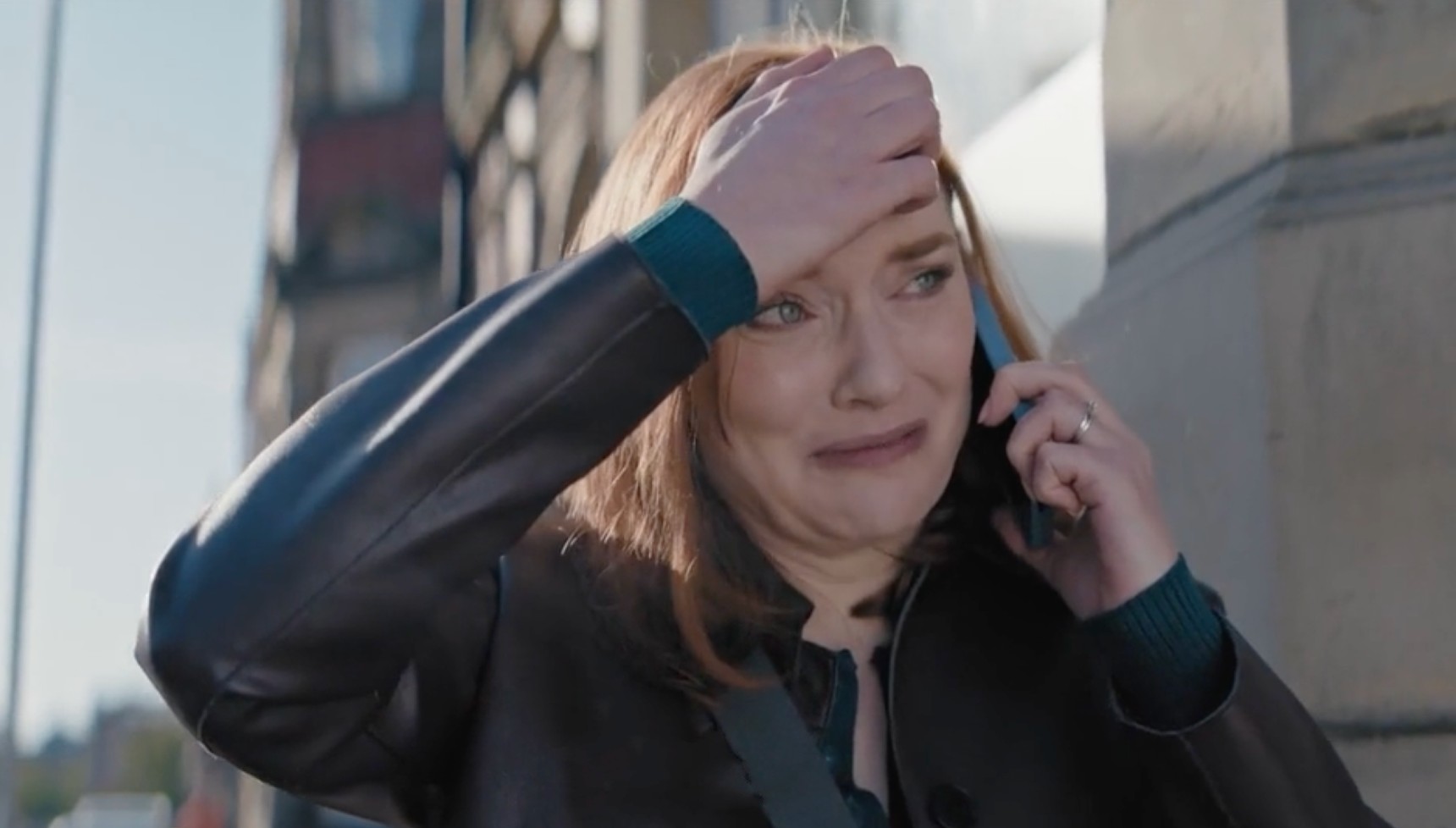 Amanda Blakefield in tears and on phone in The Fortune