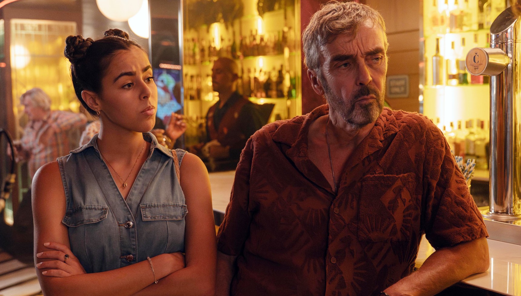 John Hannah as Dennis and Carolina Bécquer as Rosa in Benidorm is Murder