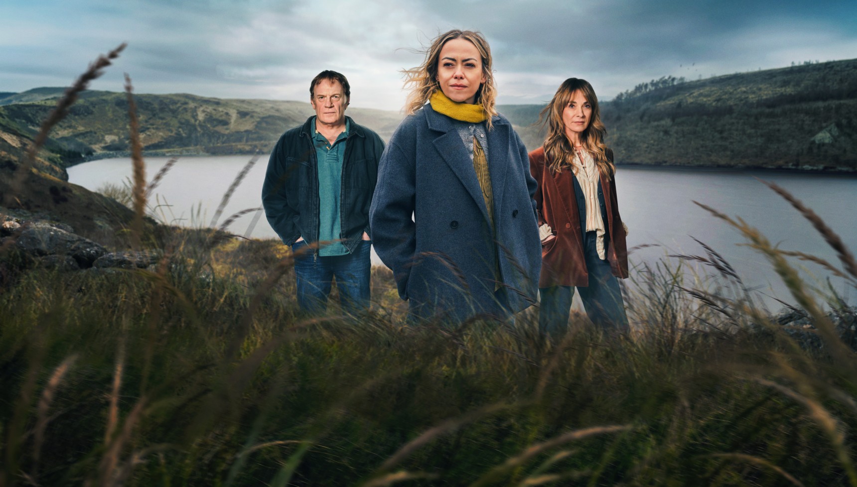 Mark Lewis Jones as Rhys, Sian Reese-Williams as Caryl, and Nia Roberts as Eve in The Light in the Hall series 2