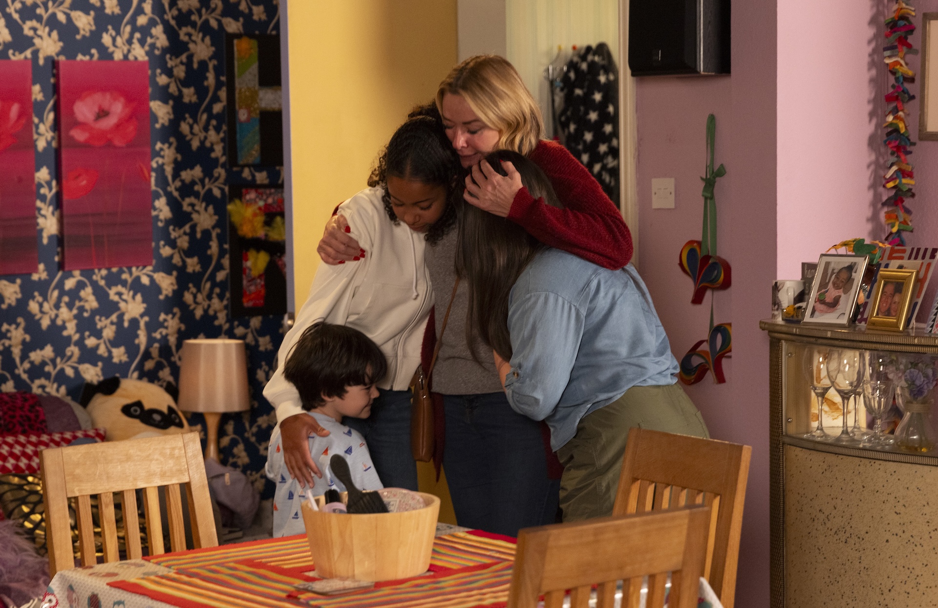 Cassie hugging her grandkids in Coronation Street