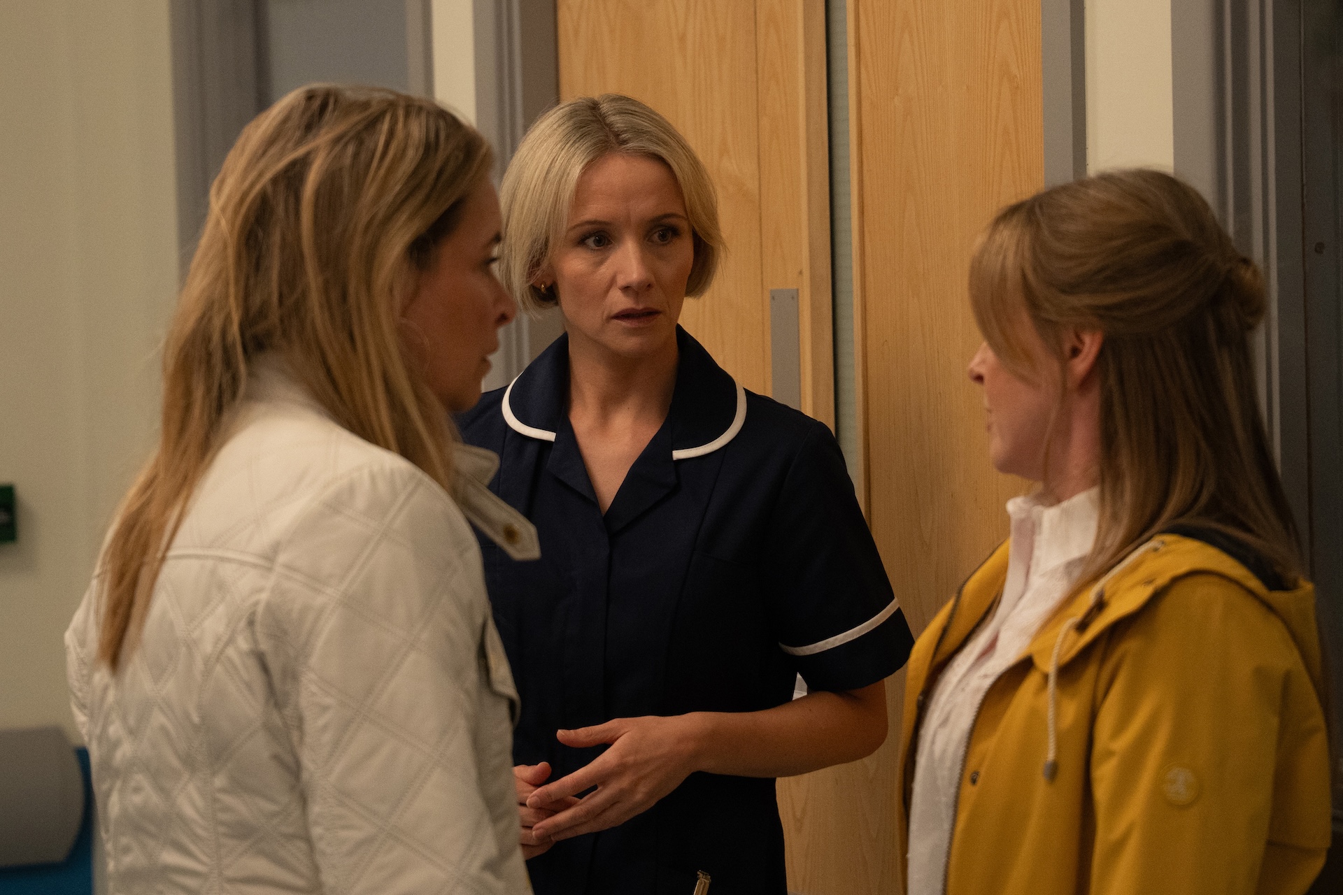 Charity, Vanessa and Helen talking at the hospital in Emmerdale
