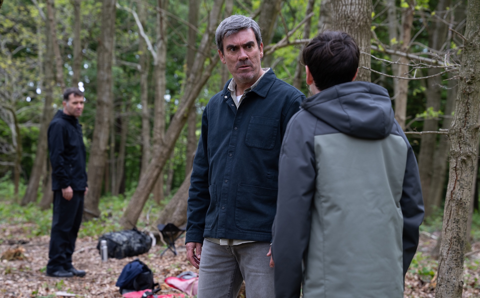 Emmerdale's Cain arguing with Kyle in the woods