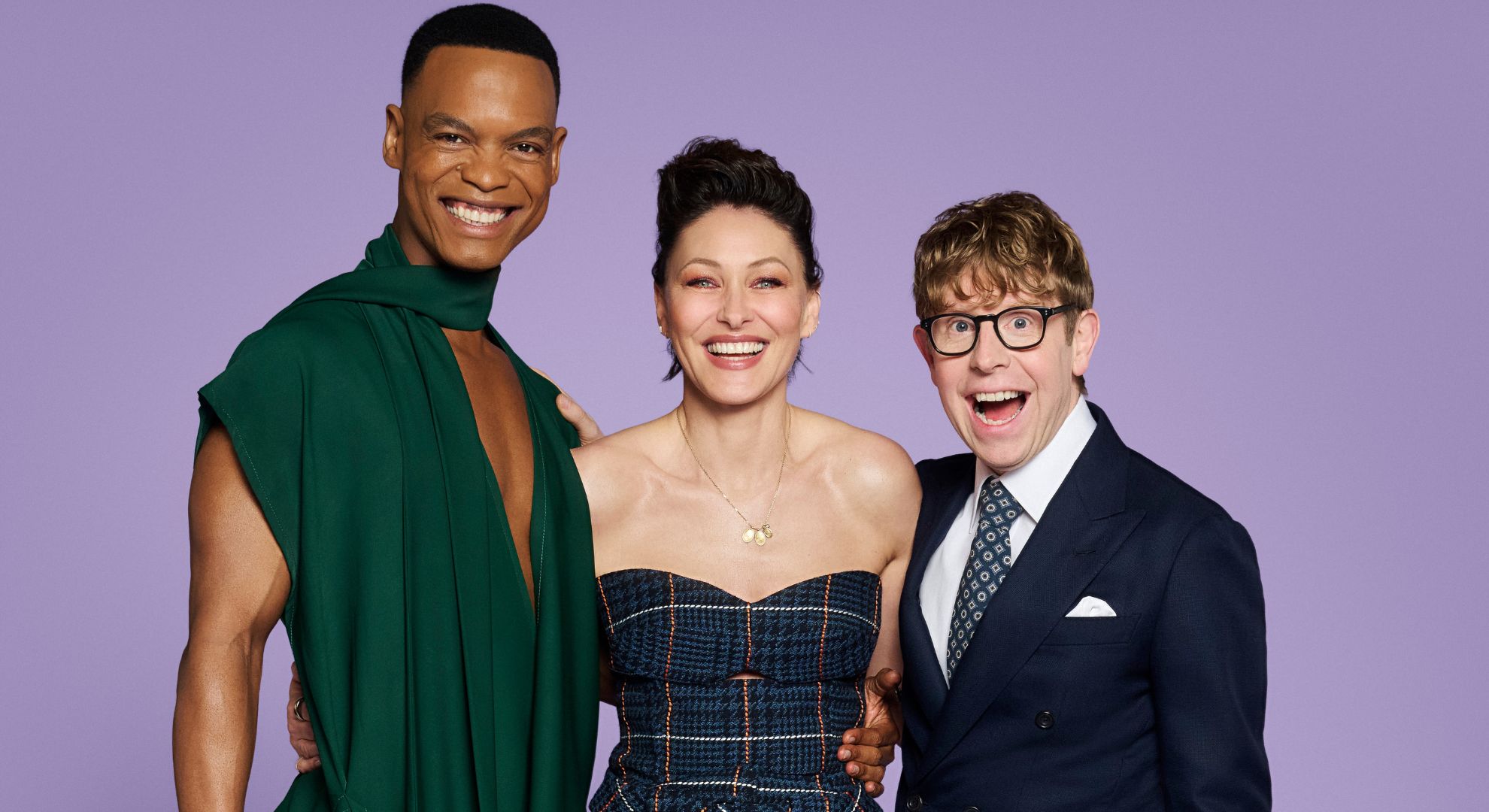 Johannes Radebe, Emma Willis and Josh Widdicombe smiling