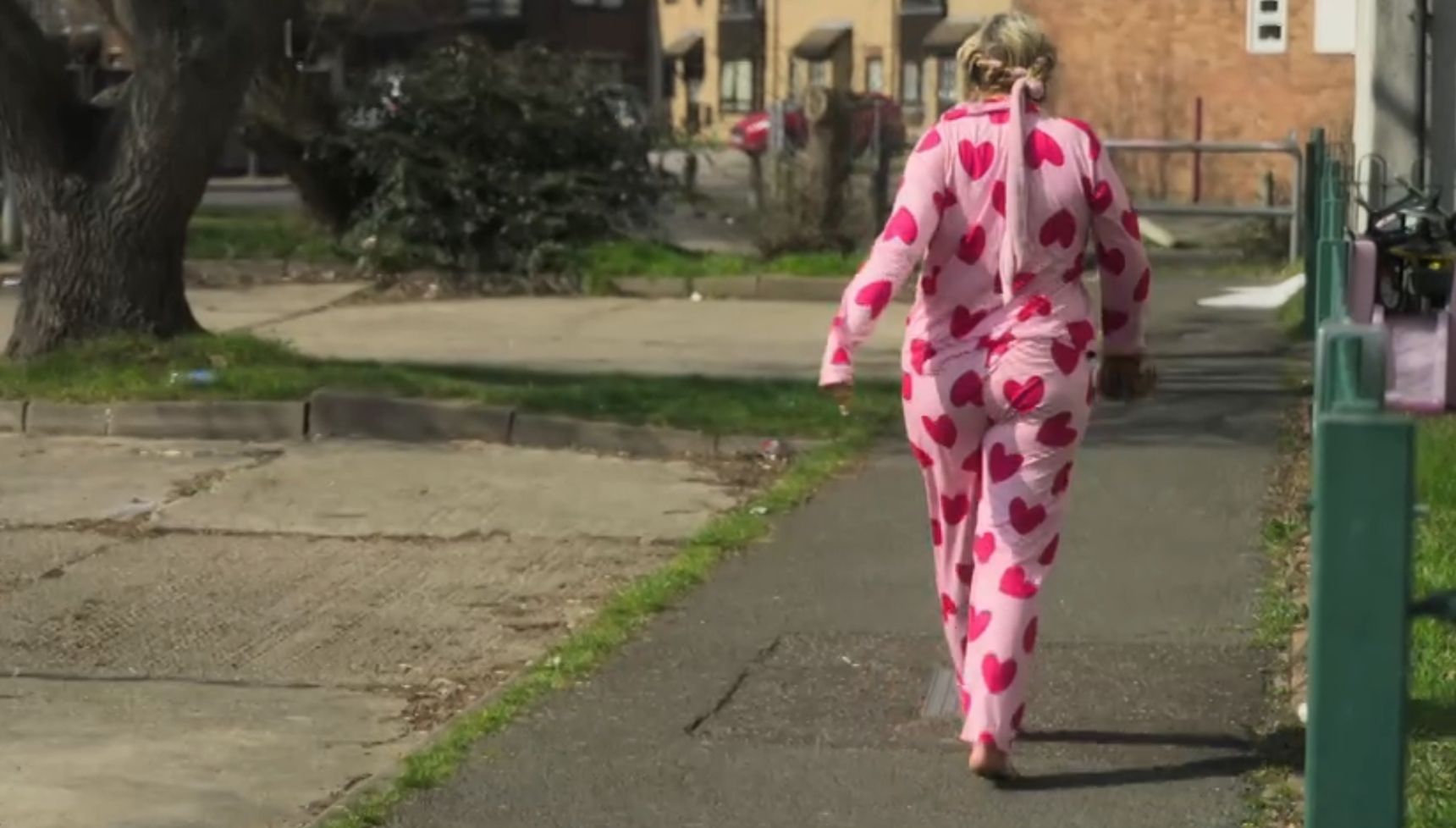 Trewley-Precious in pink pyjamas with red hearts