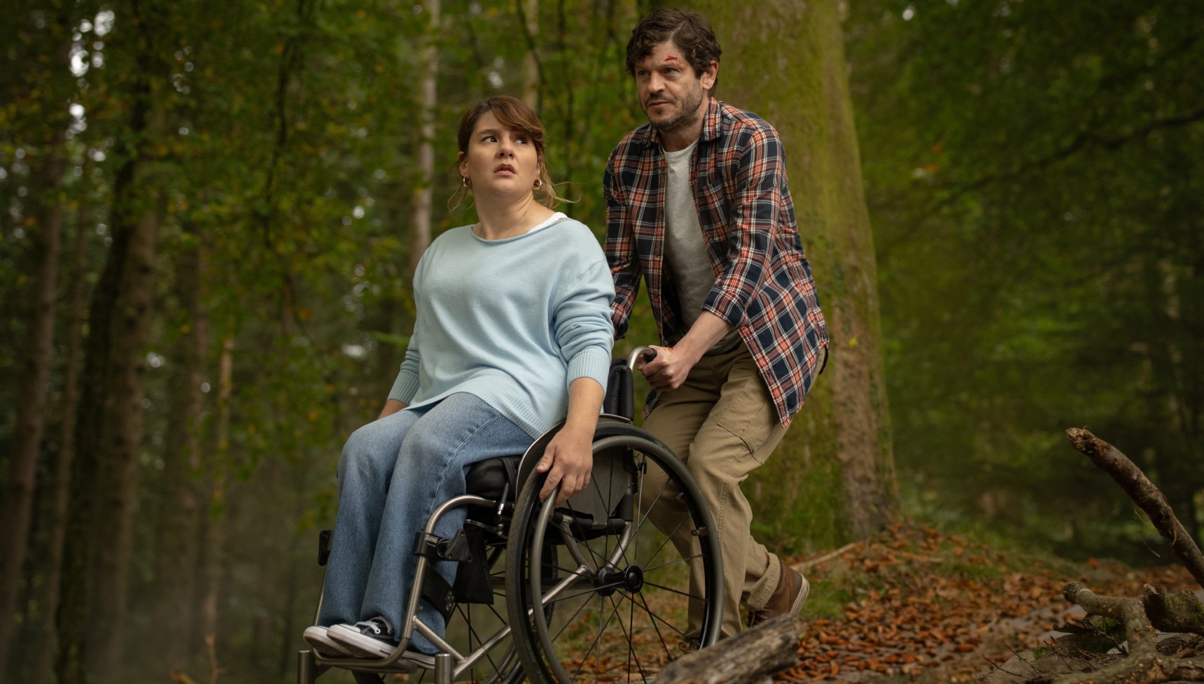 Iwan Rheon as Dick Carwyn and Ruth Madeley as Dr Gabriele Fox in The Rapture