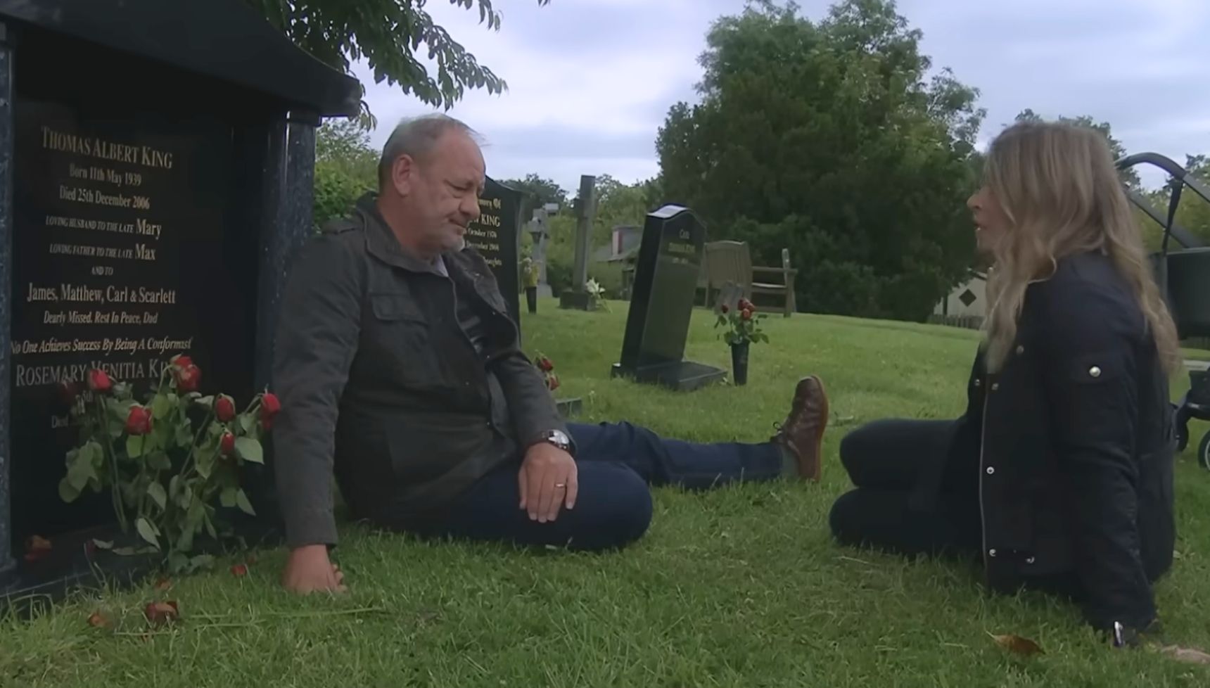 Jimmy and Charity speaking in the graveyard in Emmerdale
