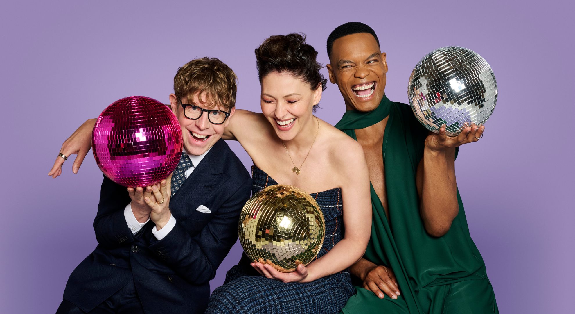 Josh Widdicombe, Emma Willis, and Johannes Radebe in a Strictly promo 