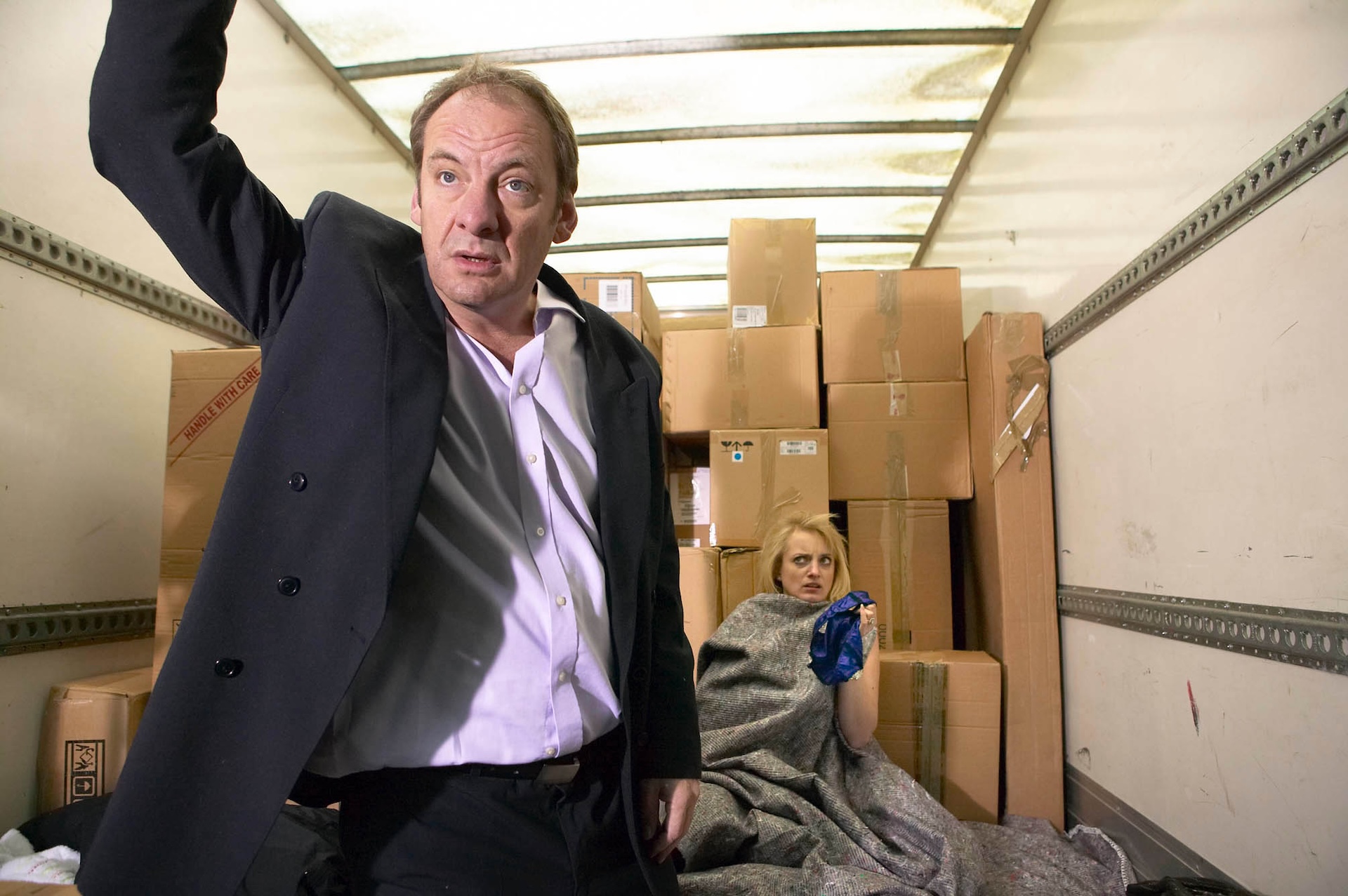 It was a shock for Jimmy and Nicola when they woke up in the back of a haulage van (Credit: ITV/Shutterstock)
