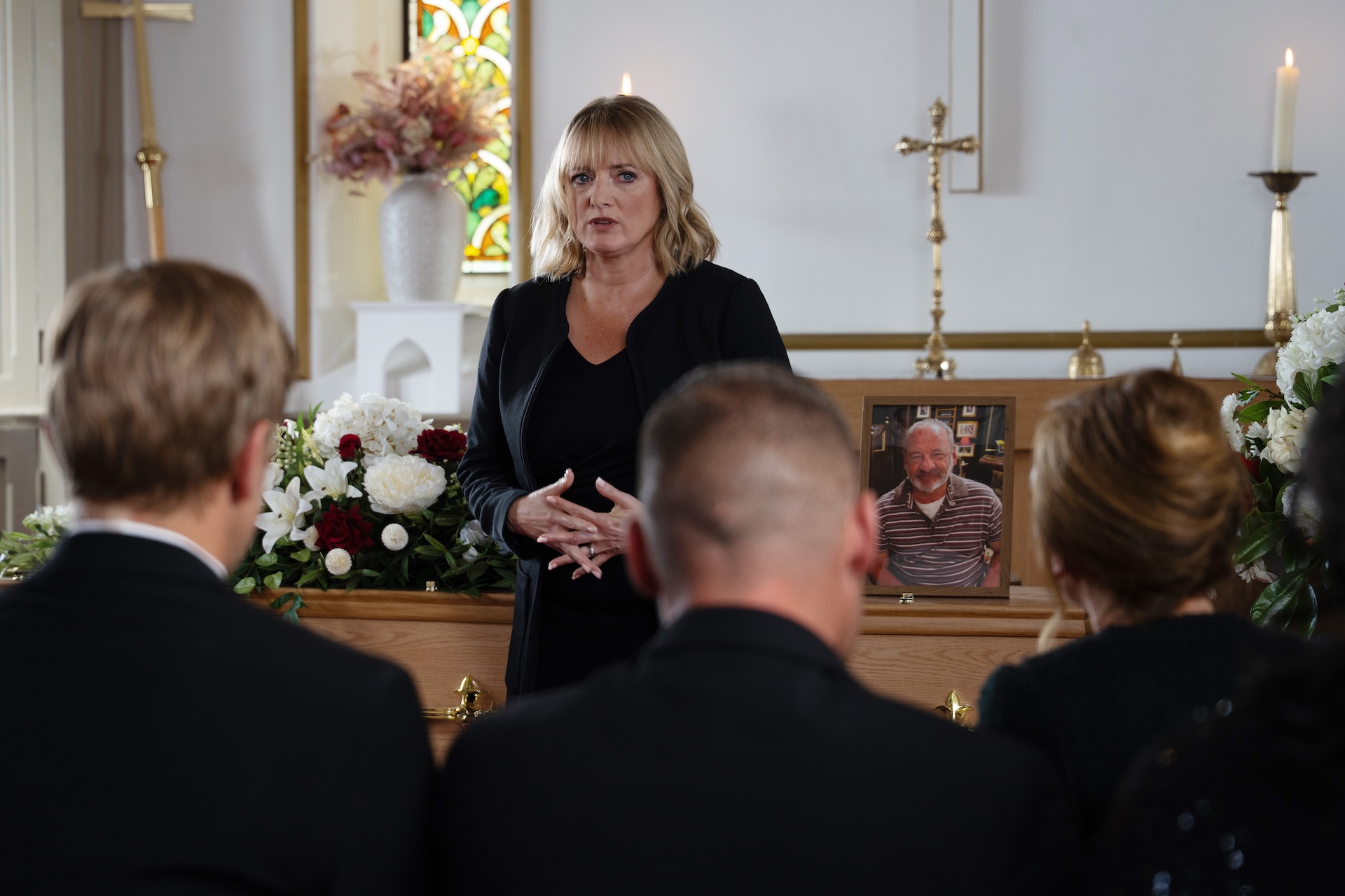Nicola eventually has the courage to stand up at the service (Credit: ITV)