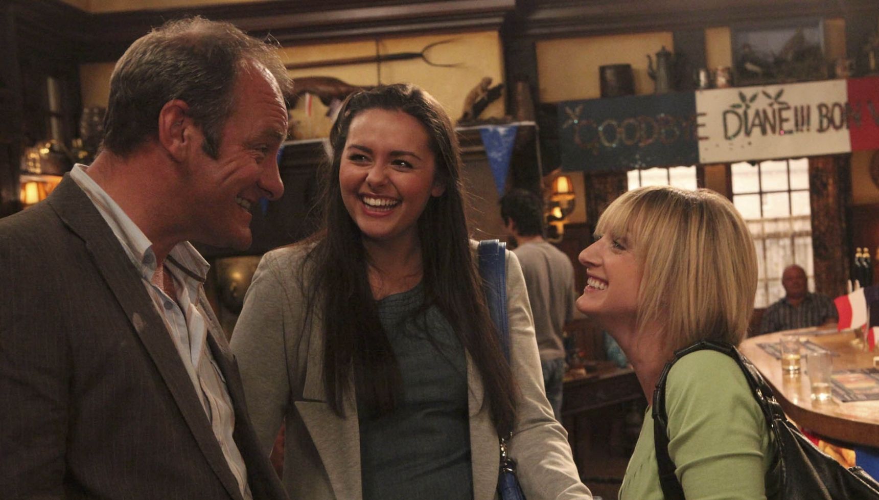 Scarlett Jimmy and Nicola laughing in Emmerdale