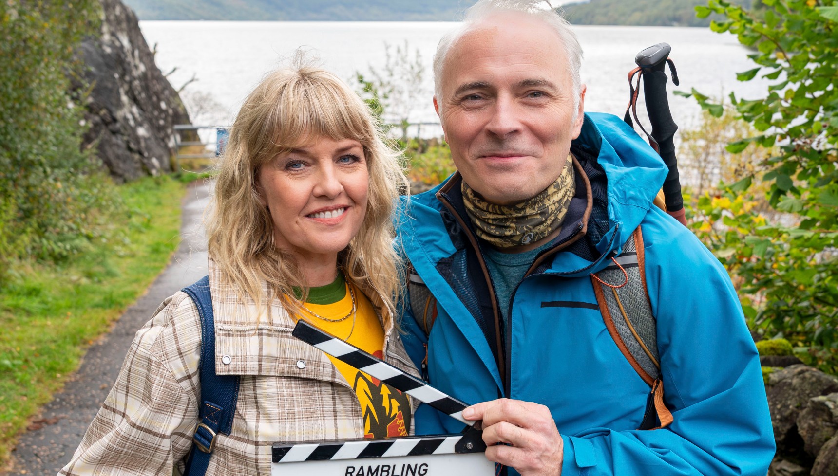 Ashley Jensen and Mark Bonnar holding clapper board for Rambling