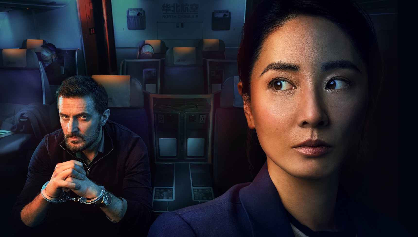 Richard Armitage as Dr Matthew Nolan, alongside Jing Lusi as DC Hana Li in the cast of Red Eye (Credit: Bad Wolf for ITV and ITVX)