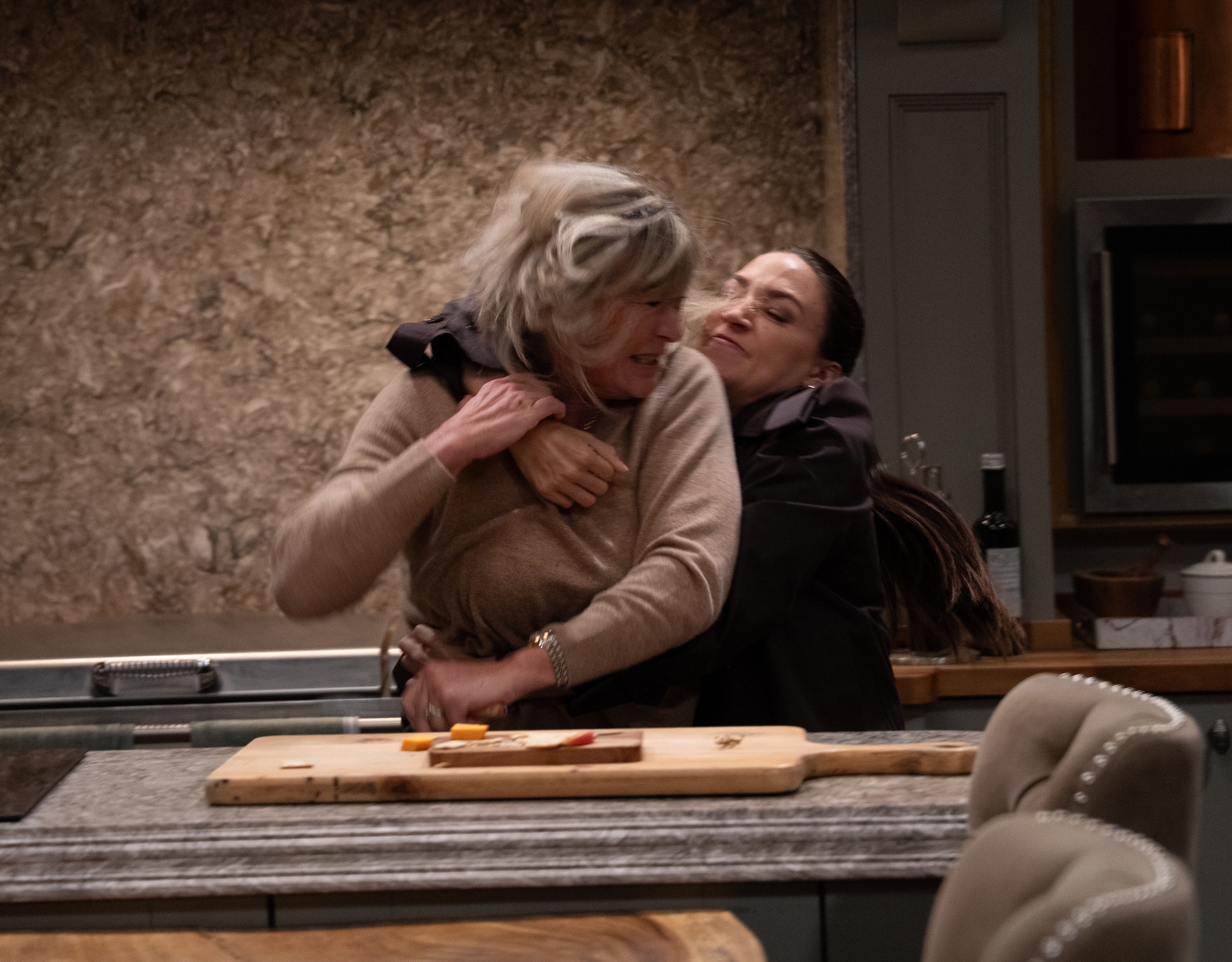 A tussle leads to Kim stabbing Thea so she can break free (Credit: ITV)