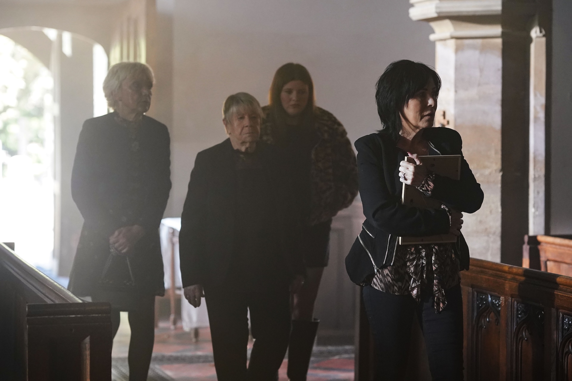 Zoe's family gather for her funeral in EastEnders spoilers (Credit: BBC)