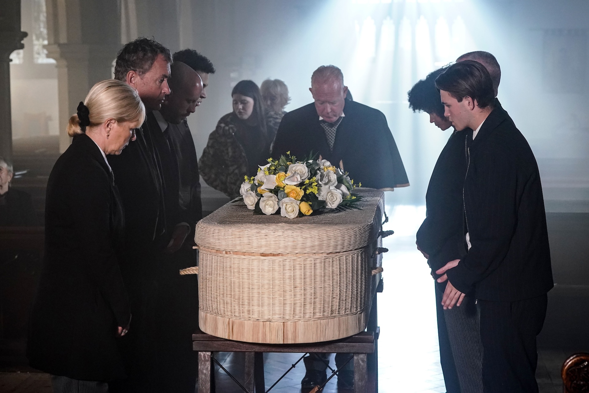 Kat eventually arrives for the funeral (Credit: BBC)