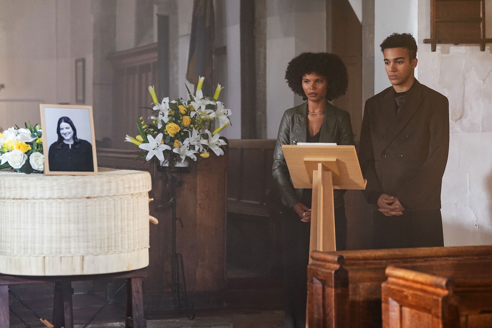 Jasmine and Josh delivery their eulogy in EastEnders spoilers (Credit: BBC)