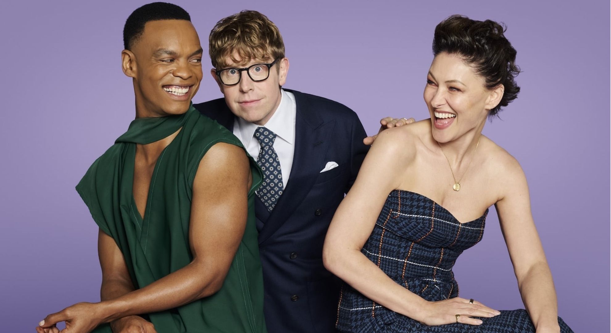 Johannes Radebe, Josh Widdicombe and Emma Willis smiling