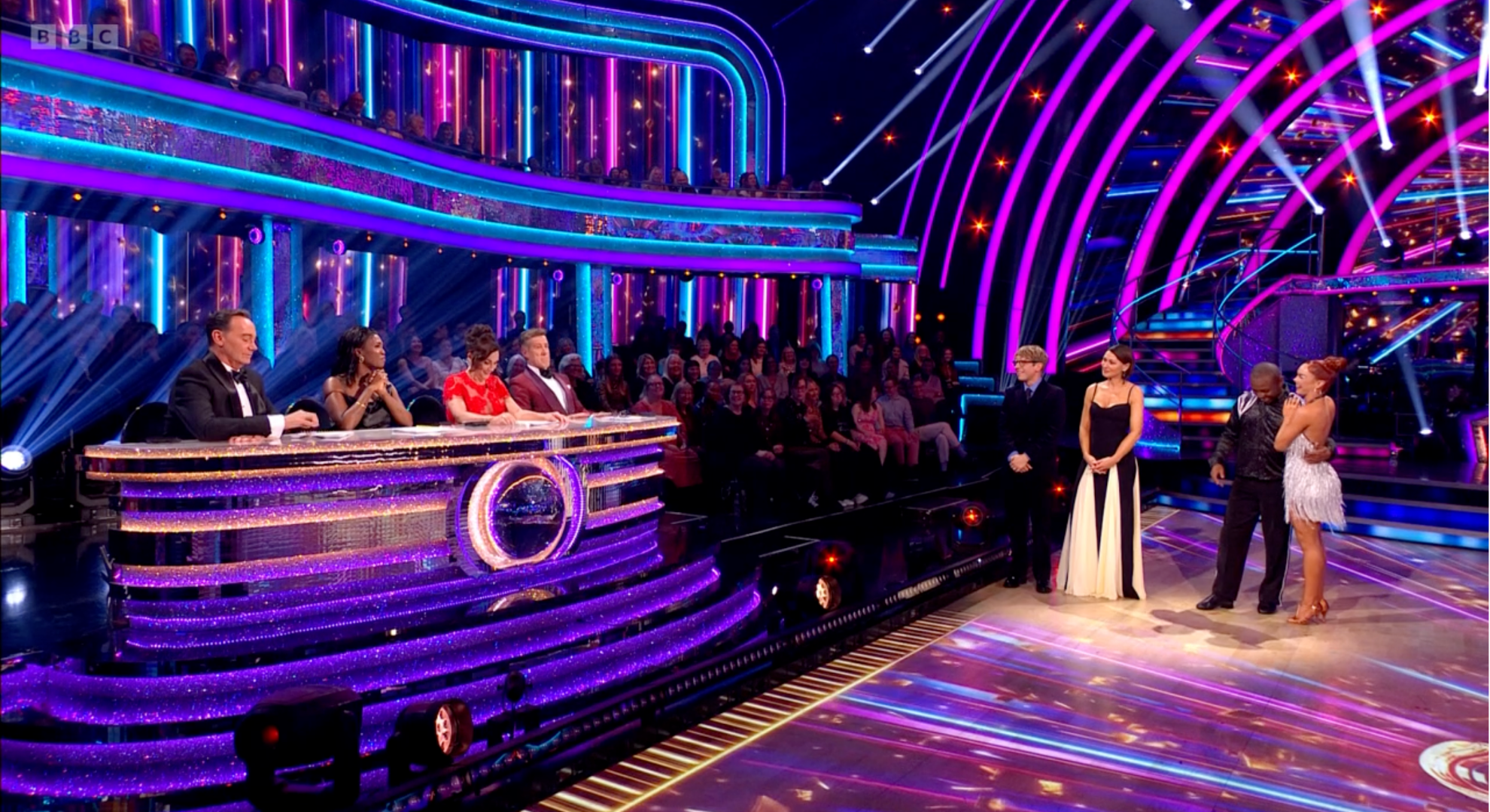 The judges, Emma Willis and Josh Widdicombe, Shaun Wright-Phillips and Alexis Warr on Strictly