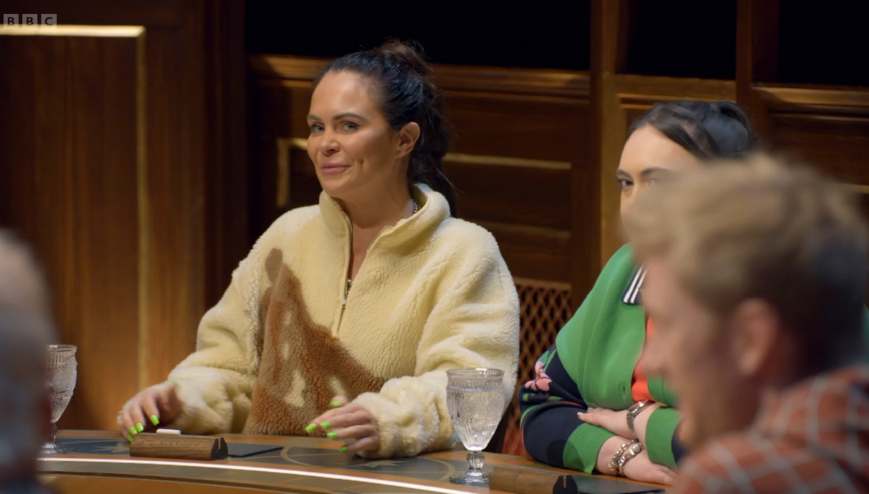 Joanne McNally at round table on Celebrity Traitors