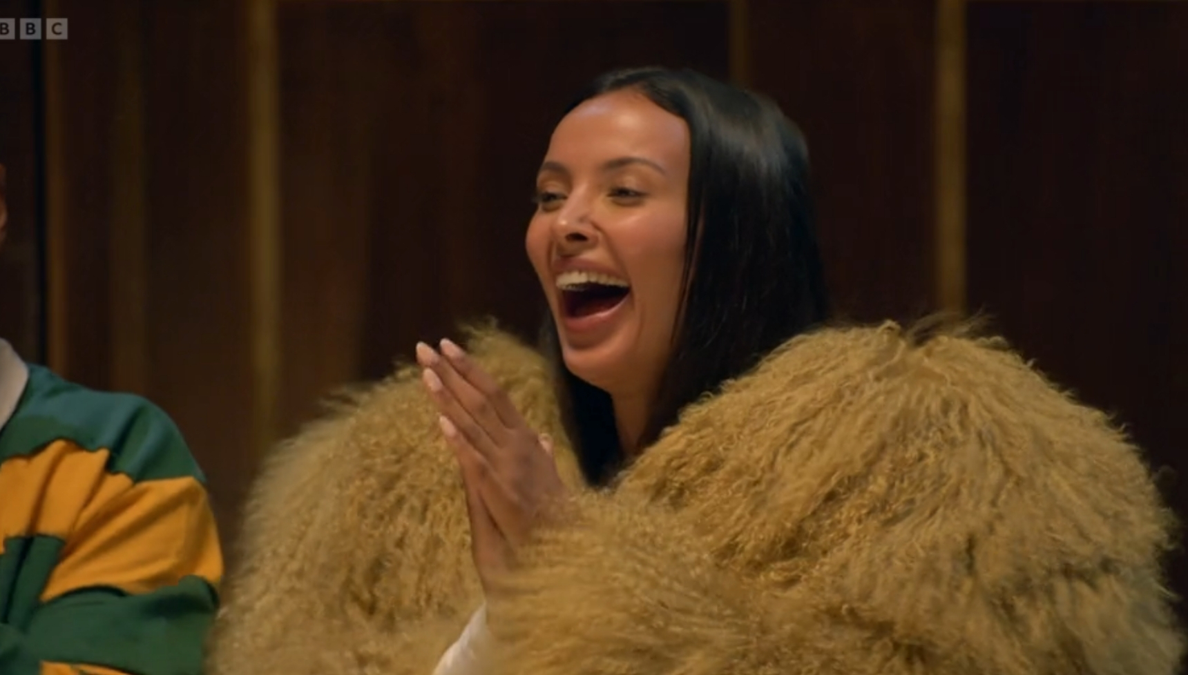 Maya Jama looking elated on Celebrity Traitors