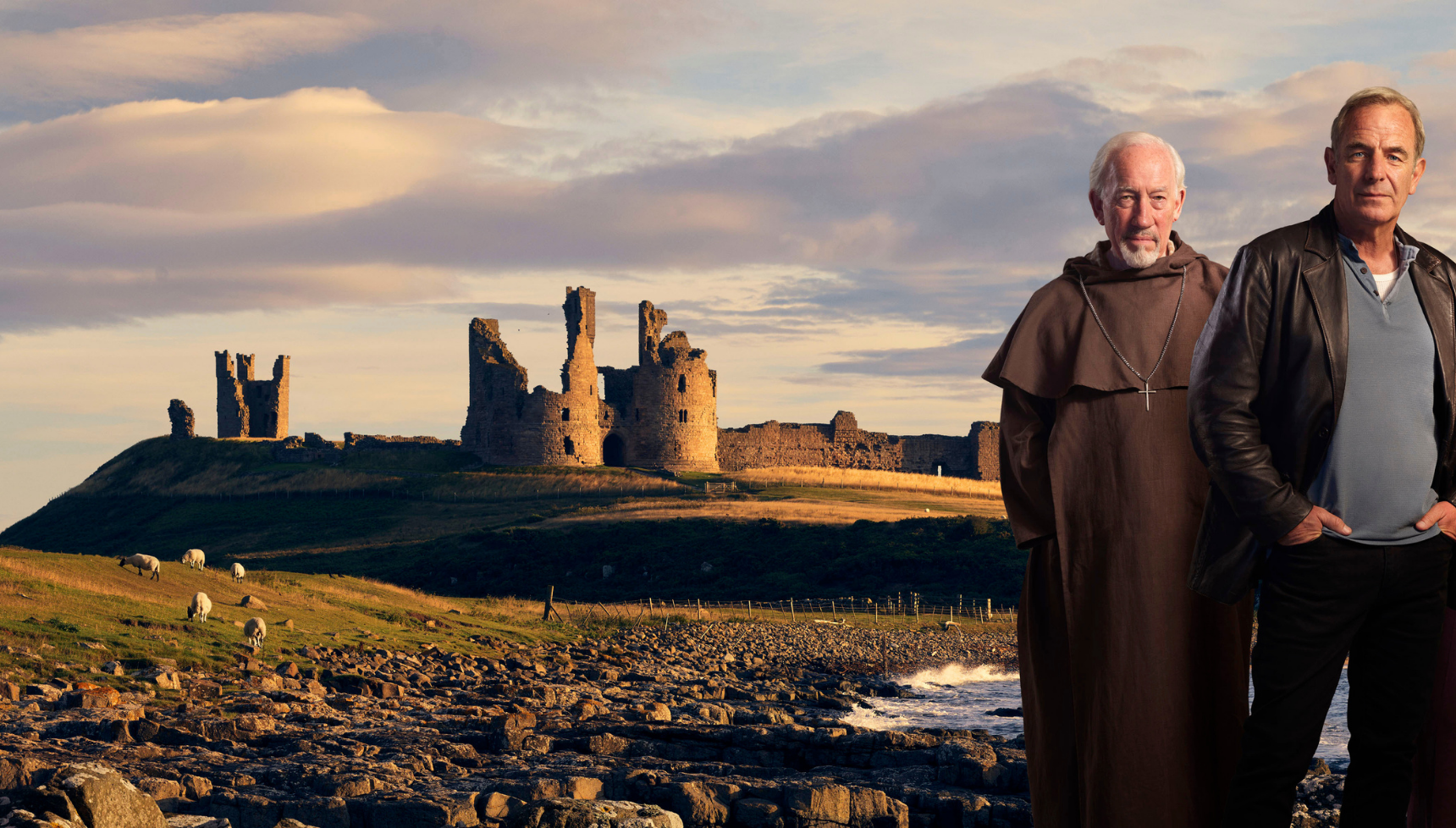 The historic 14th-century ruins of Dunstanburgh Castle as seen in The Northumbria Mysteries 