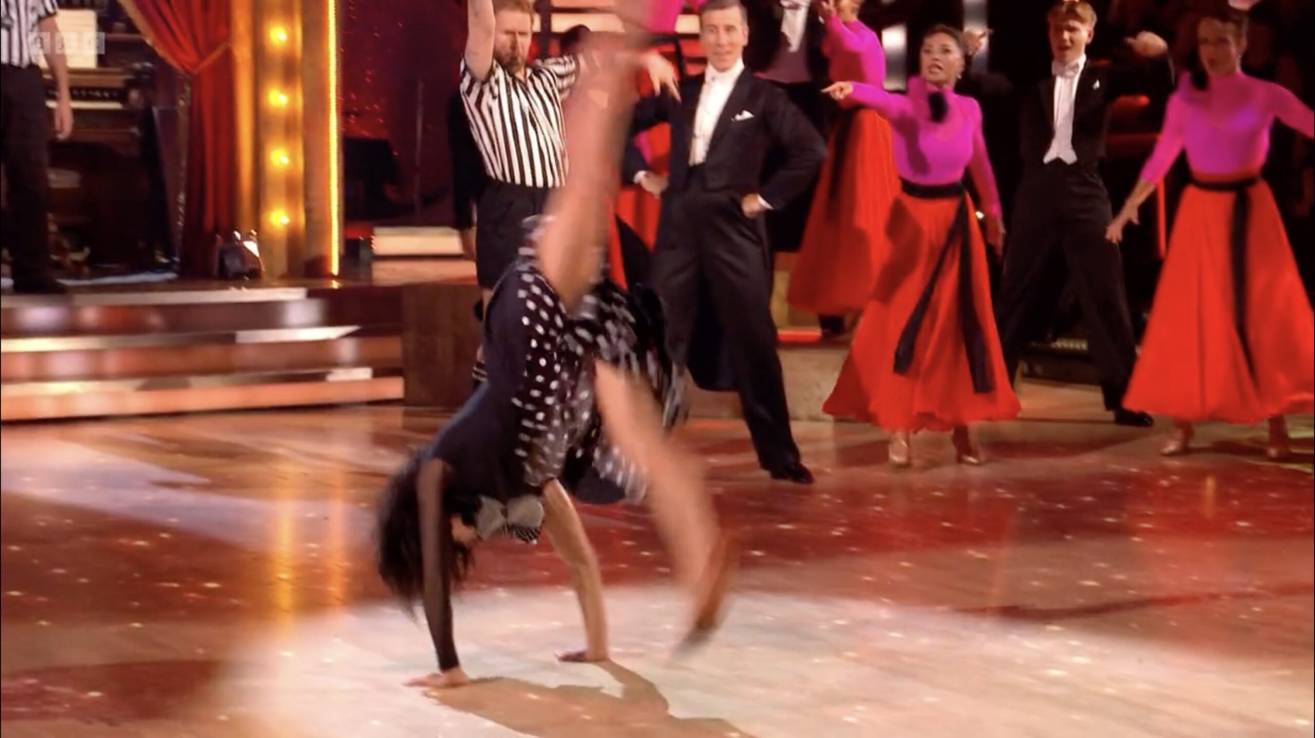 Shirley Ballas stunt double performing a backflip on Strictly